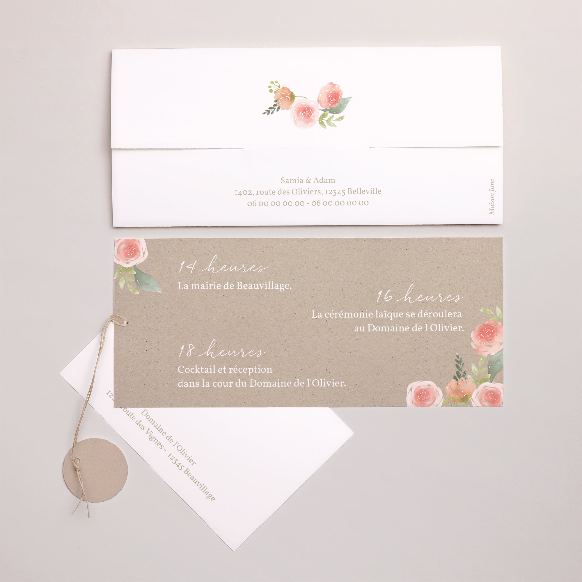 Faire-part Mariage Pochette 2 cartes, étiquette Champêtre Pêche photo N° 4