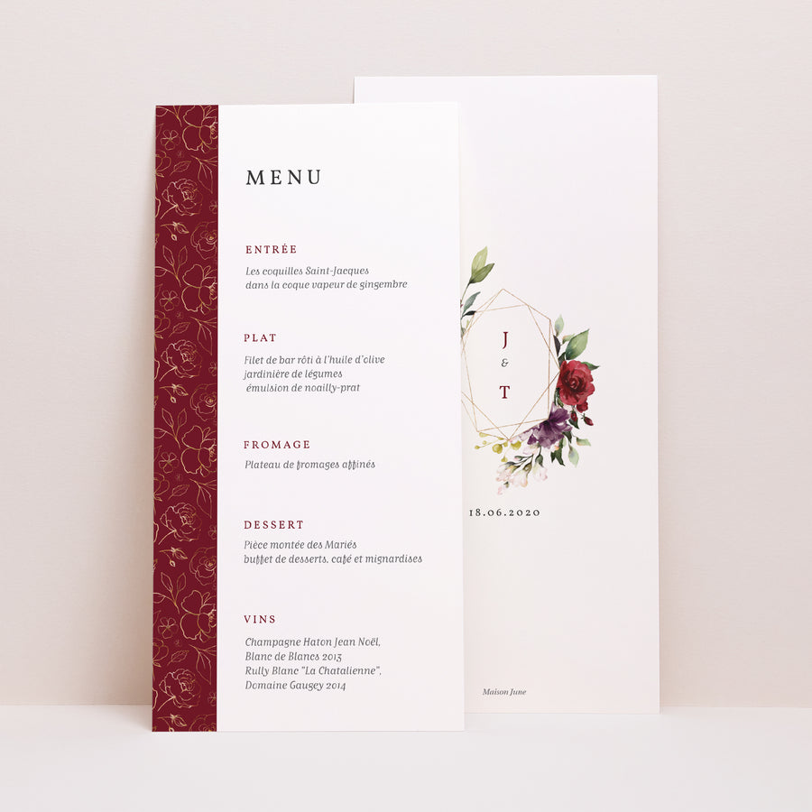 Menu Mariage Panoramique portrait Fleurs Marsala photo