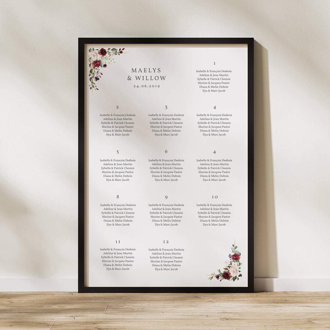 Plan de table Mariage Portrait 60 x 90 cm Couronne Marsala photo N° 1