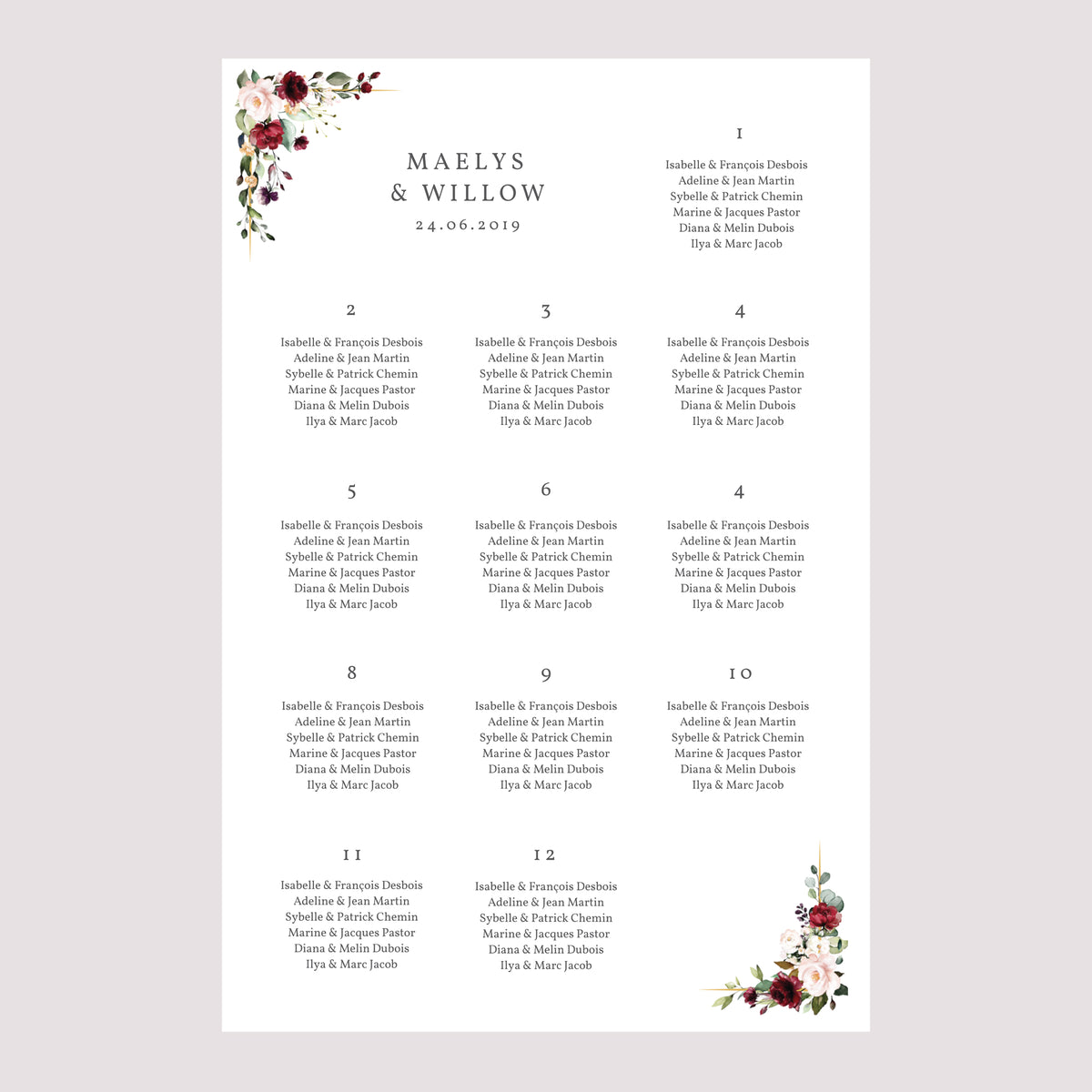 Plan de table Mariage Portrait 60 x 90 cm Couronne Marsala photo N° 2