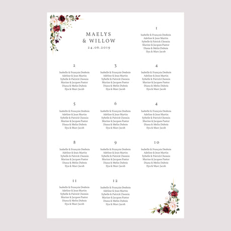 Plan de table Mariage Portrait 60 x 90 cm Couronne Marsala