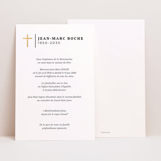 Faire-part Décès Portrait Croix dorée photo