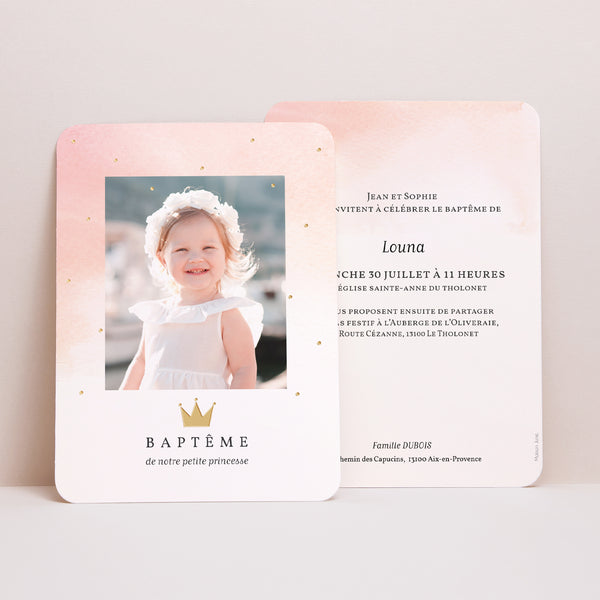 Faire-part Baptême Portrait, bords arrondis Princesse photo