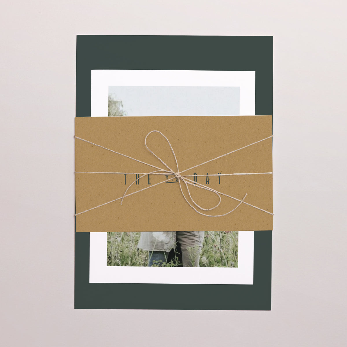 Faire-part Mariage 3 cartes, ruban Vert & Kraft photo