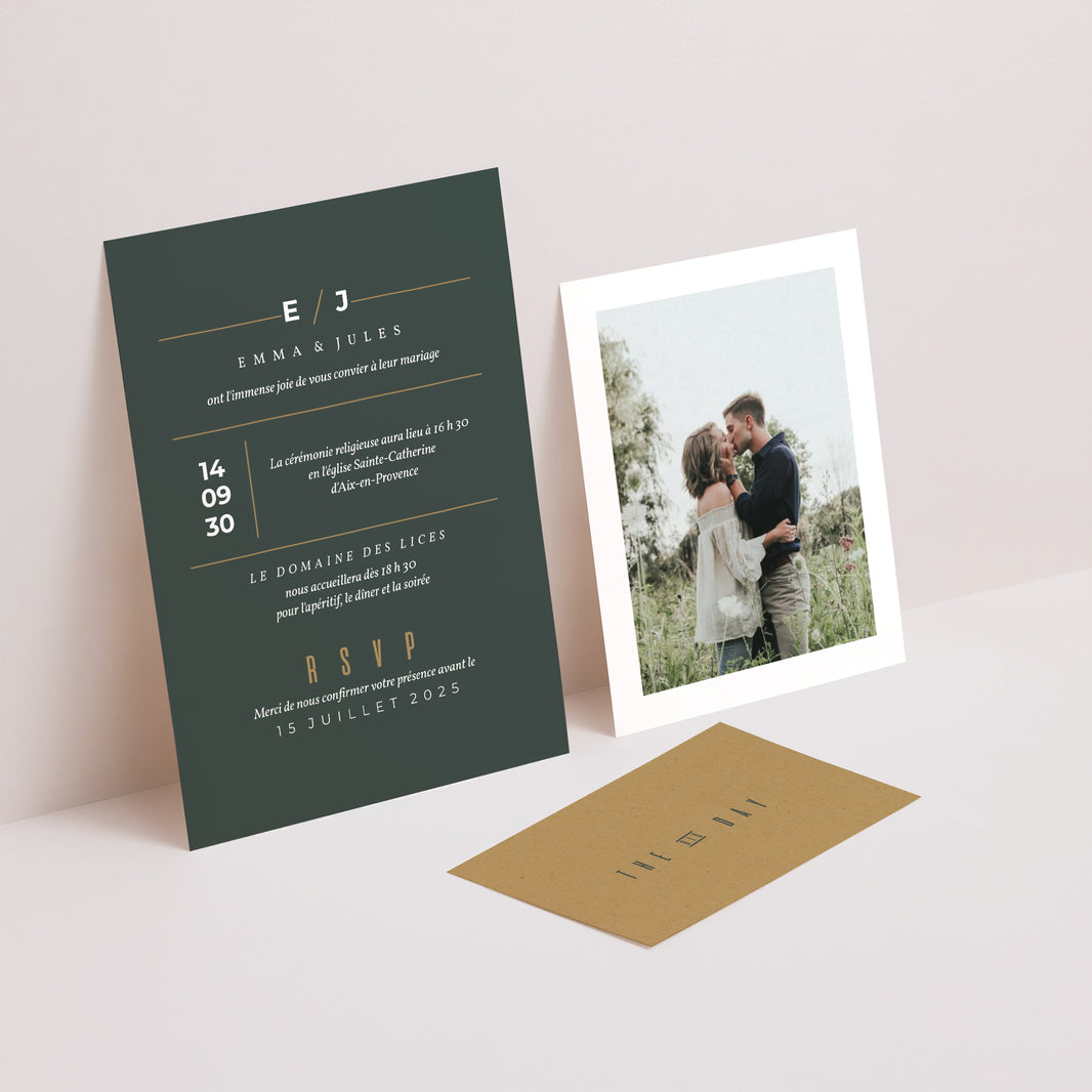 Faire-part Mariage 3 cartes, ruban Vert & Kraft photo N° 2