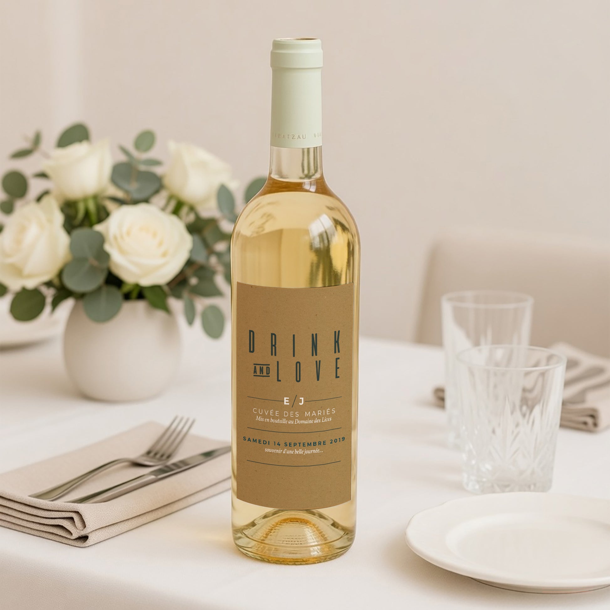 Etiquette bouteille Mariage Portrait Vert & Kraft photo N° 2