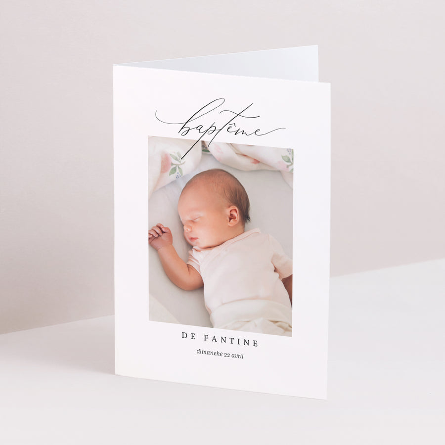 Faire-part Baptême Double volet portrait Typo photo