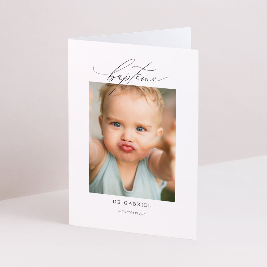 Faire-part Baptême Double volet portrait Epure bleue photo