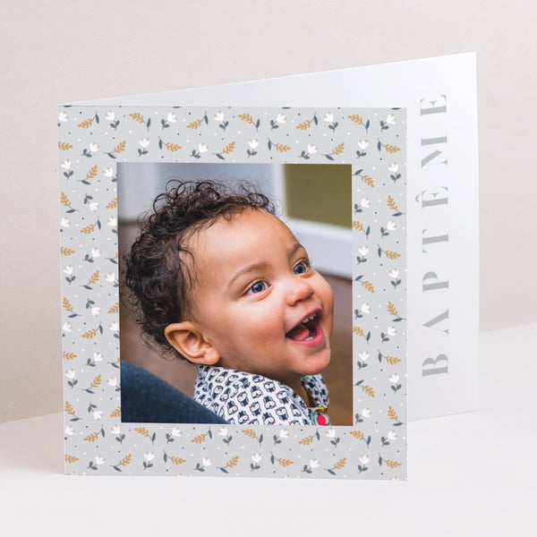 Faire-part Baptême Double volet asymétrique Liberty Gris photo