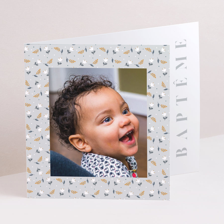 Faire-part Baptême Double volet asymétrique Liberty Gris photo