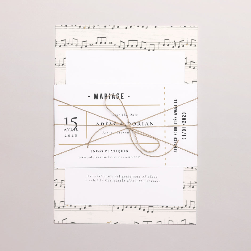 Faire-part Mariage 3 cartes, ruban Musique photo N° 1