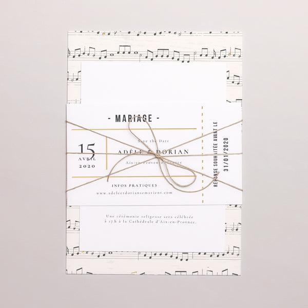 Faire-part Mariage 3 cartes, ruban Musique photo