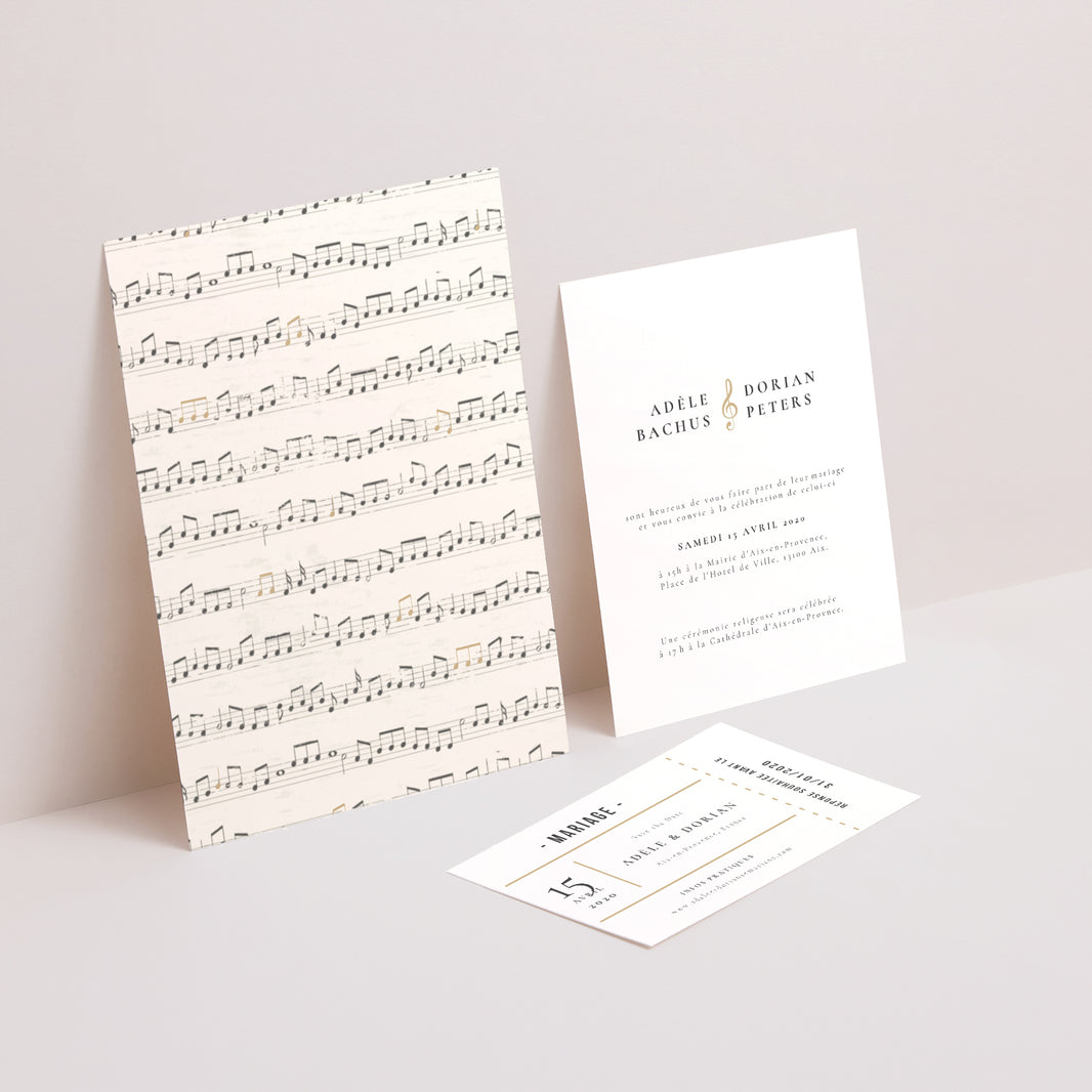 Faire-part Mariage 3 cartes, ruban Musique photo N° 2