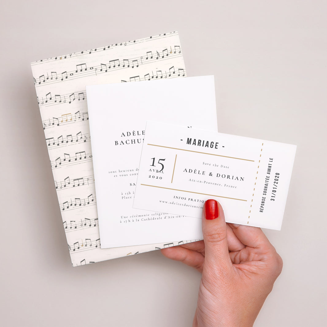 Faire-part Mariage 3 cartes, ruban Musique photo N° 3