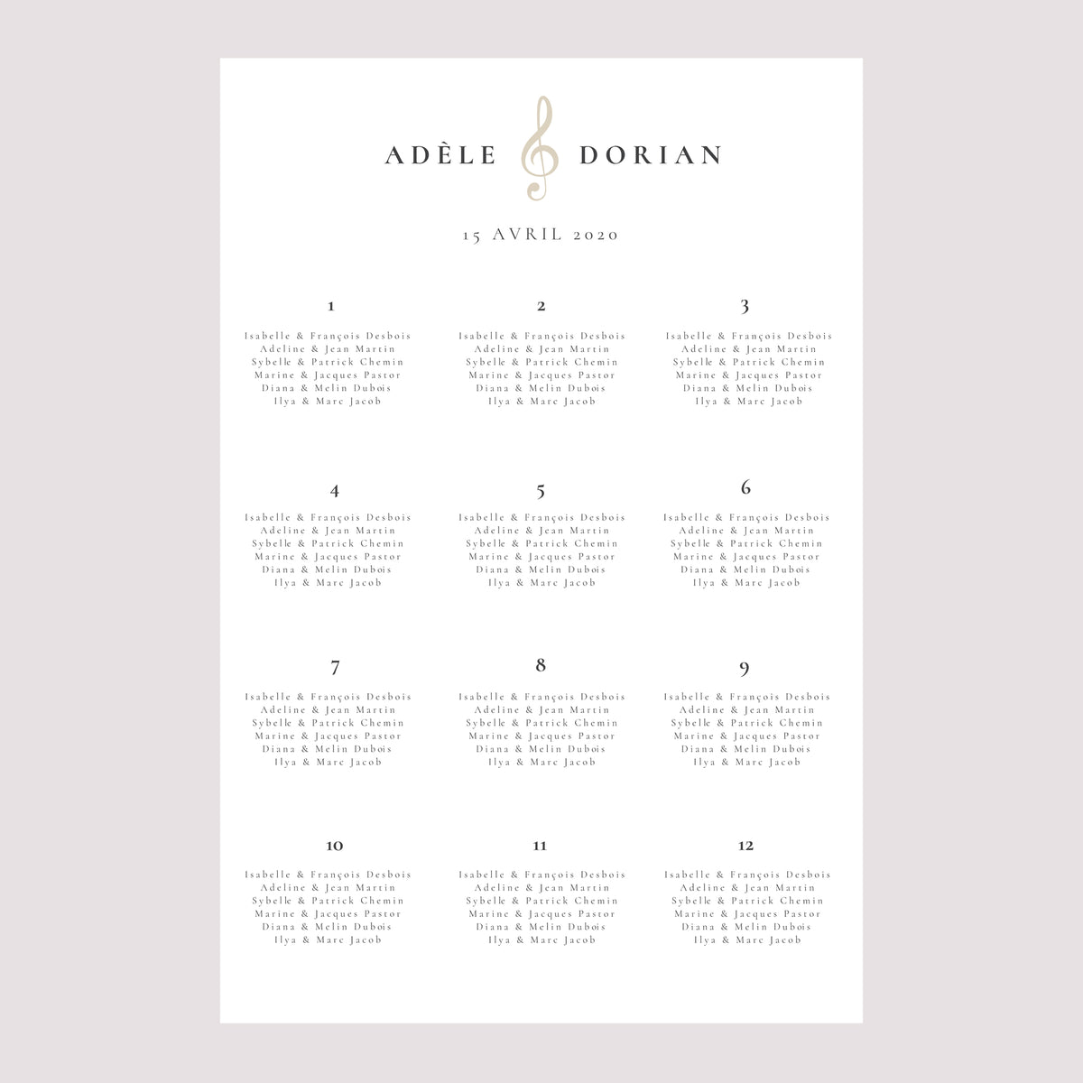 Plan de table Mariage Portrait 60 x 90 cm Musique photo N° 2