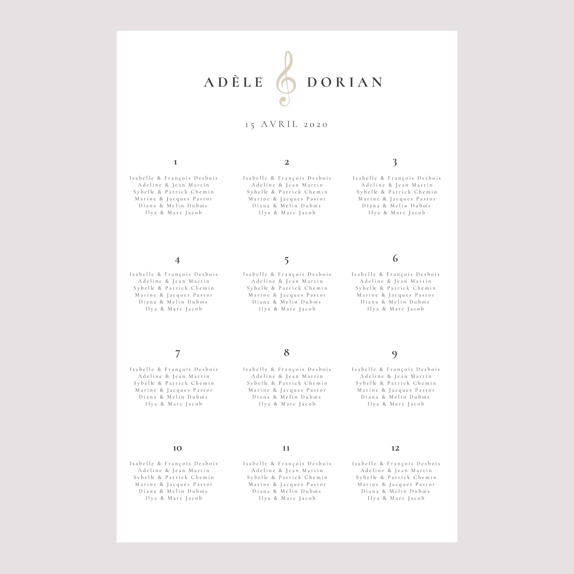 Plan de table Mariage Portrait 60 x 90 cm Musique photo N° 2