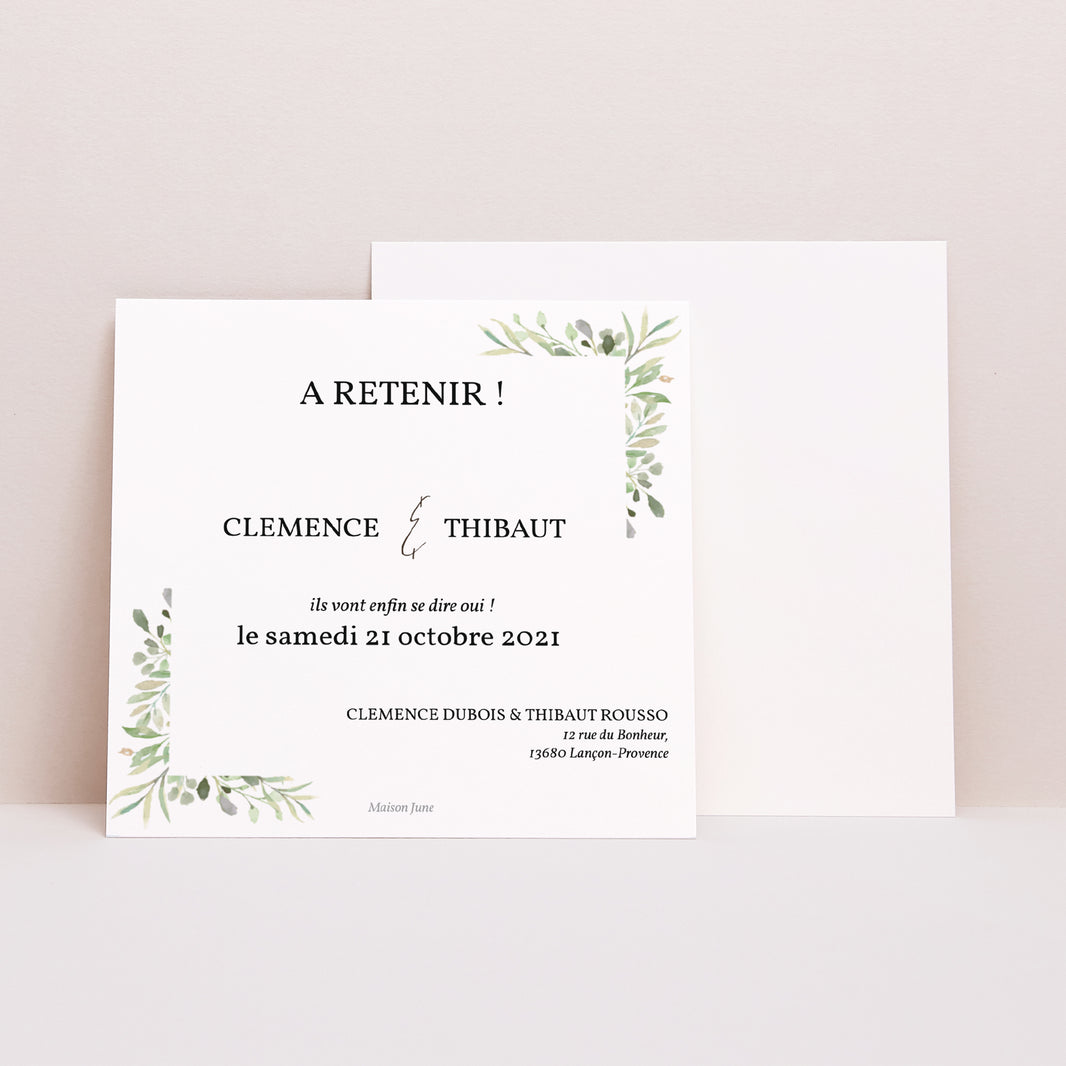 Invitations Mariage Carré Cadre Feuillage photo N° 1