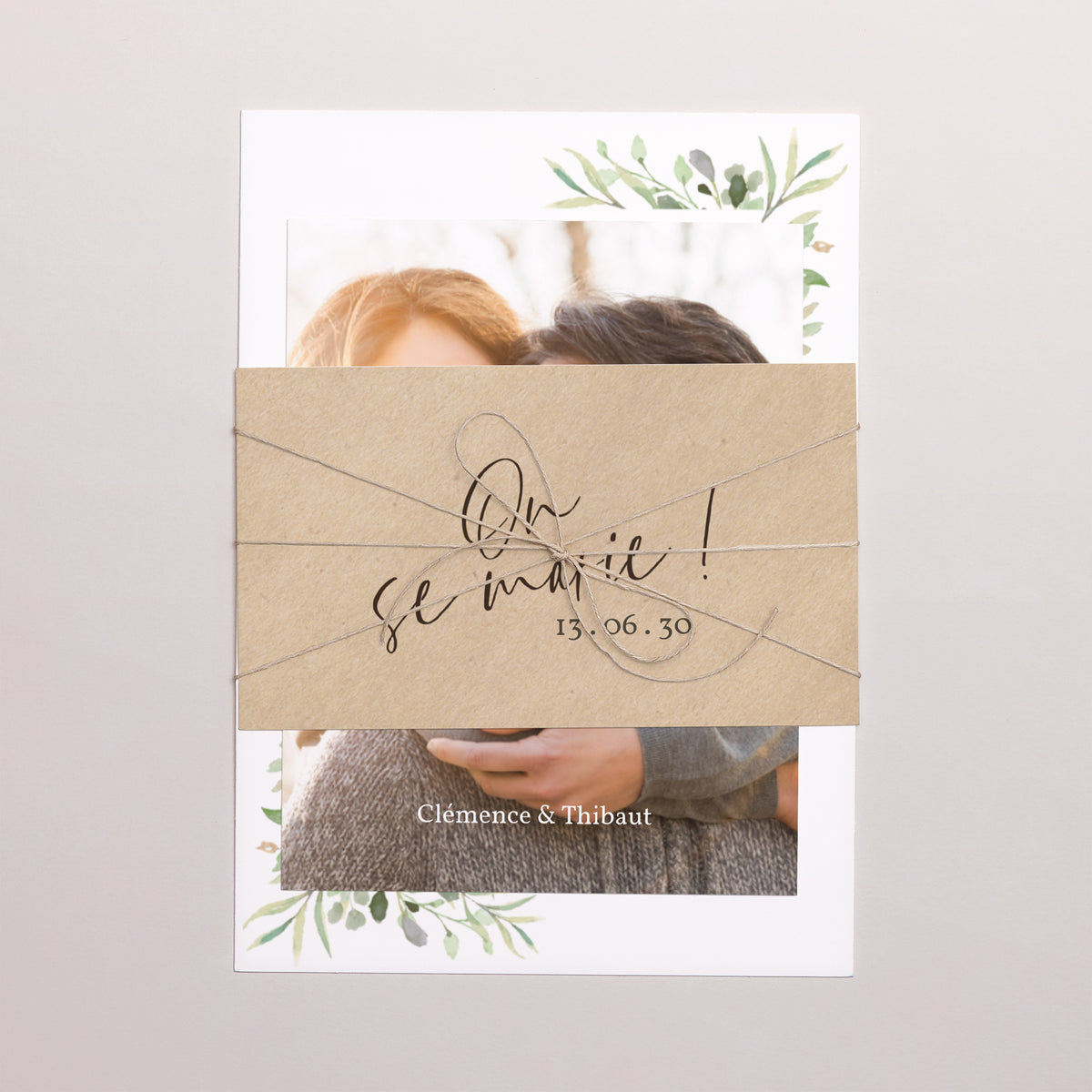 Faire-part Mariage 3 cartes, ruban Cadre Feuillage photo