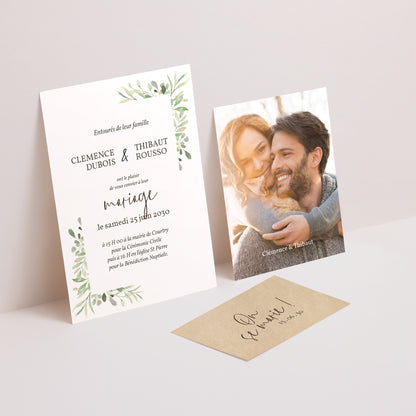 Faire-part Mariage 3 cartes, ruban Cadre Feuillage photo N° 2