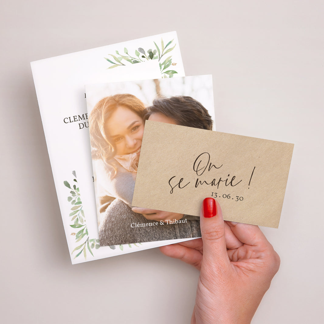 Faire-part Mariage 3 cartes, ruban Cadre Feuillage photo N° 3