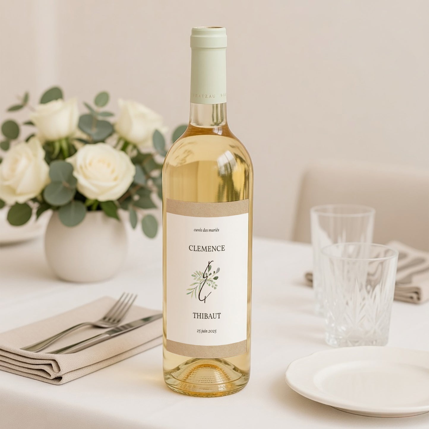 Etiquette bouteille Mariage Portrait Cadre Feuillage photo N° 2