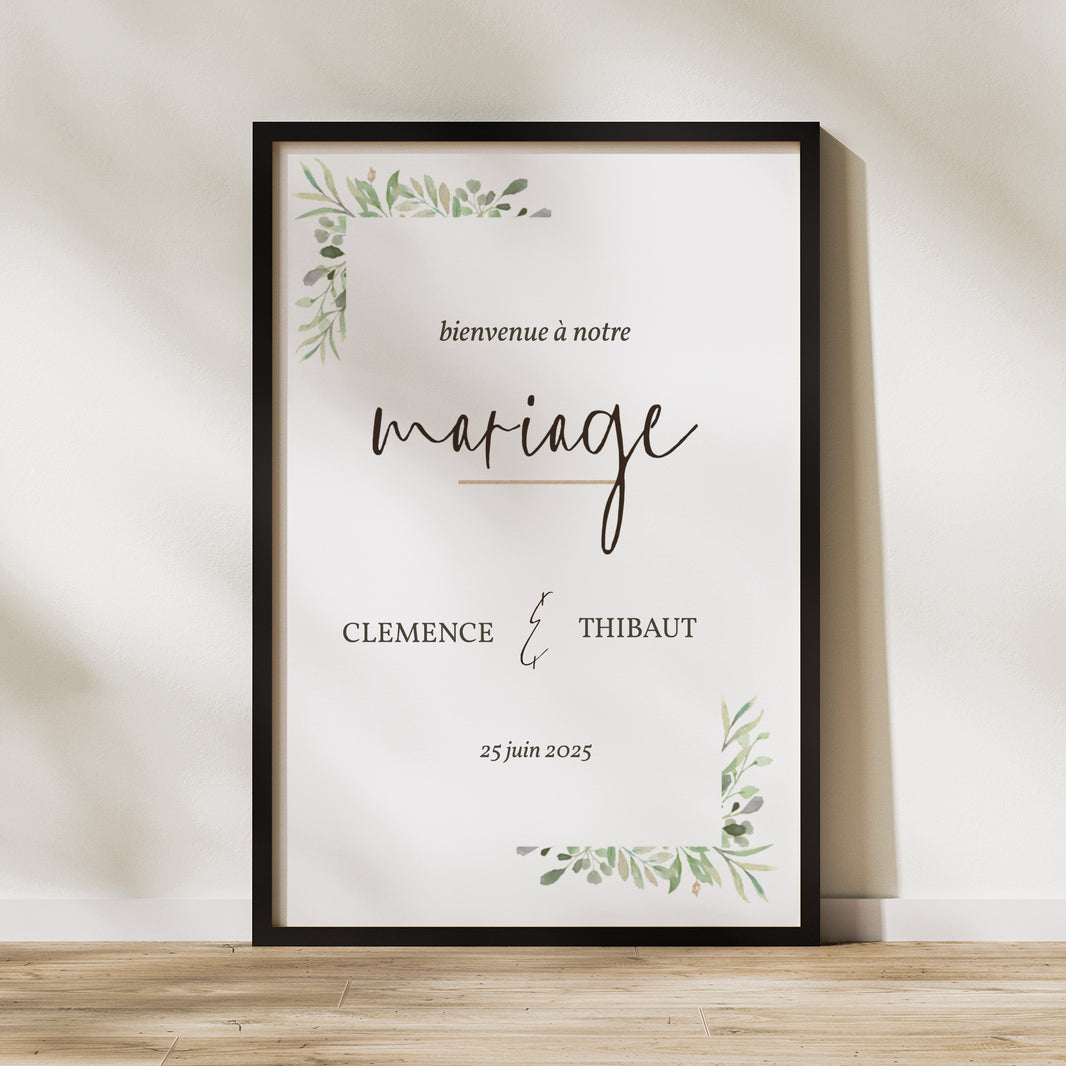 Panneau bienvenue Mariage Portrait 60 x 90 cm Cadre Feuillage photo N° 1