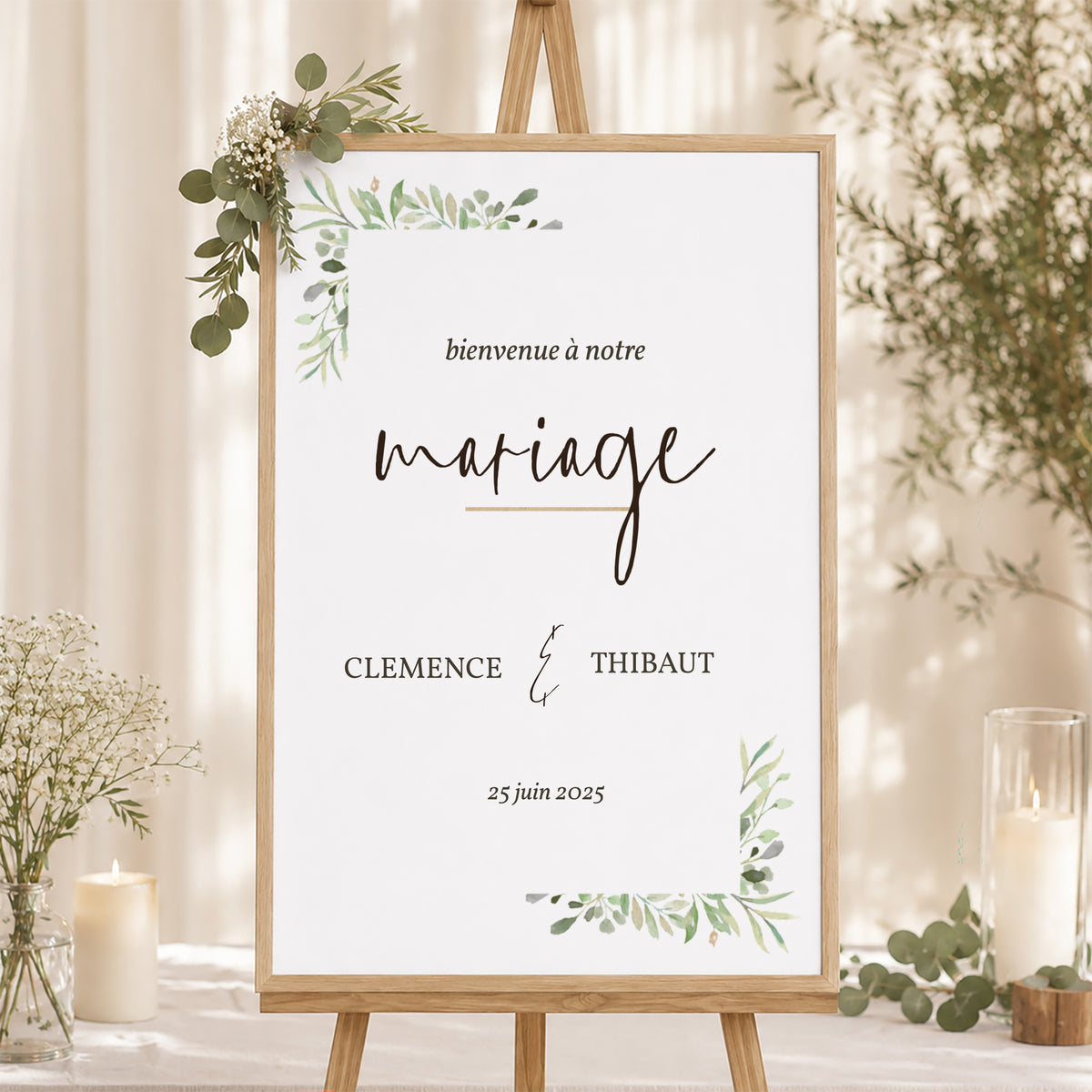 Panneau bienvenue Mariage Portrait 60 x 90 cm Cadre Feuillage photo N° 1