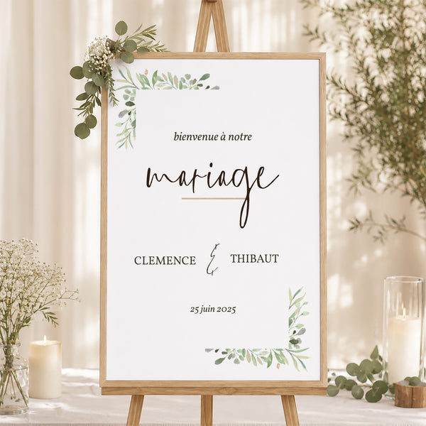 Panneau bienvenue Mariage Portrait 60 x 90 cm Cadre Feuillage photo