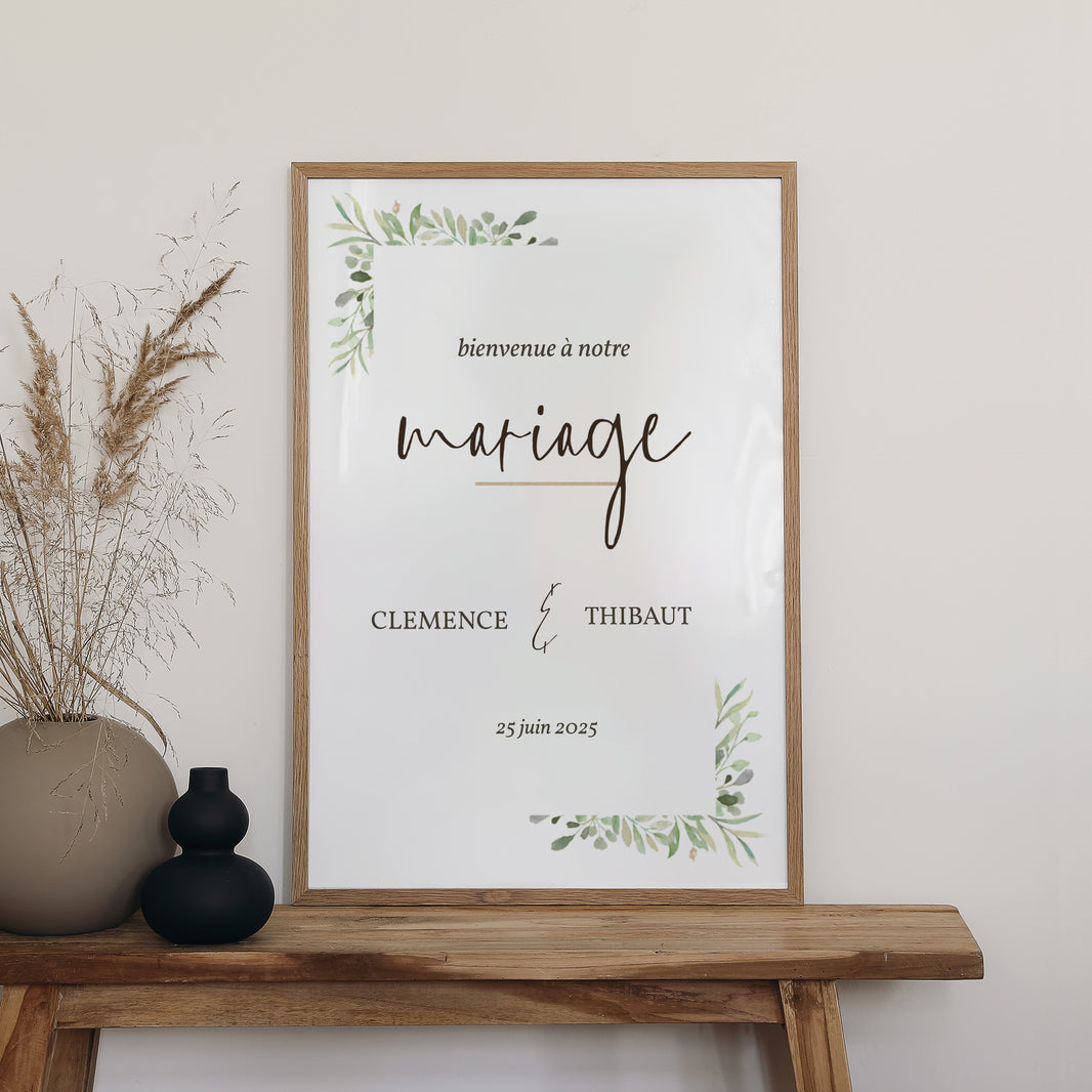 Panneau bienvenue Mariage Portrait 60 x 90 cm Cadre Feuillage photo N° 2