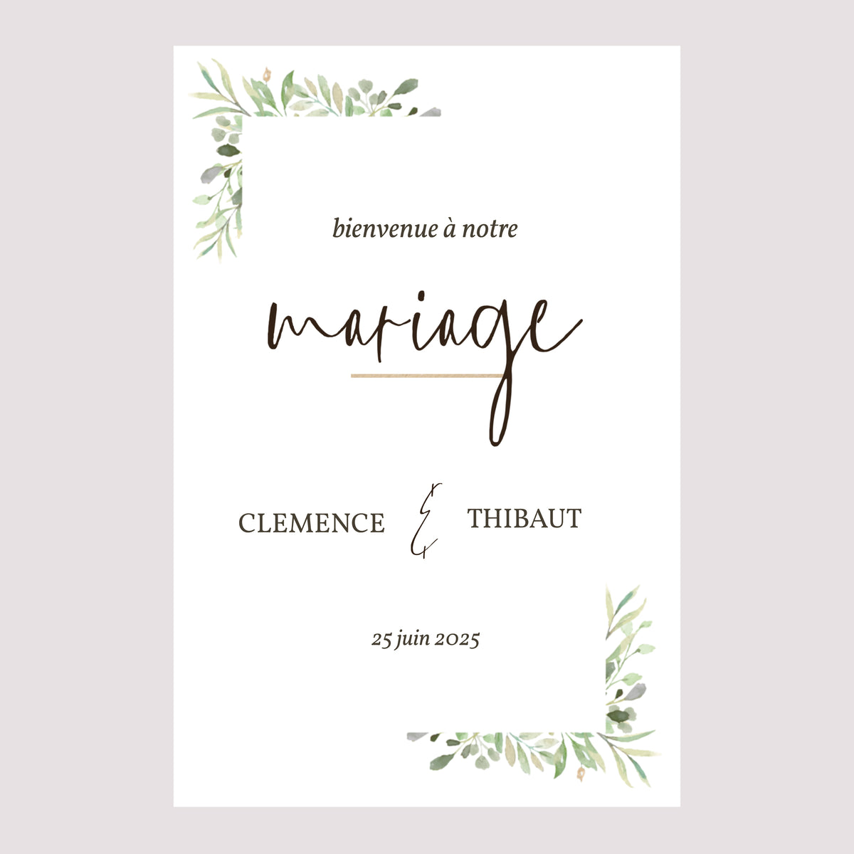 Panneau bienvenue Mariage Portrait 60 x 90 cm Cadre Feuillage photo N° 2