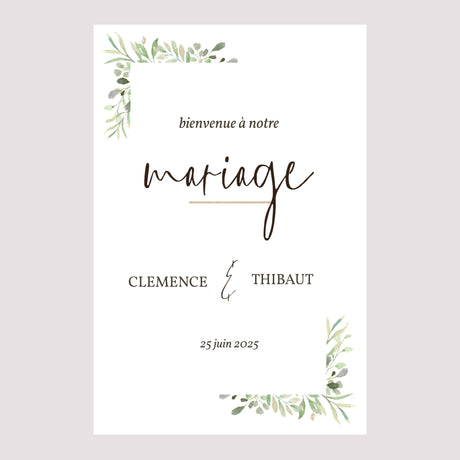 Panneau bienvenue Mariage Portrait 60 x 90 cm Cadre Feuillage