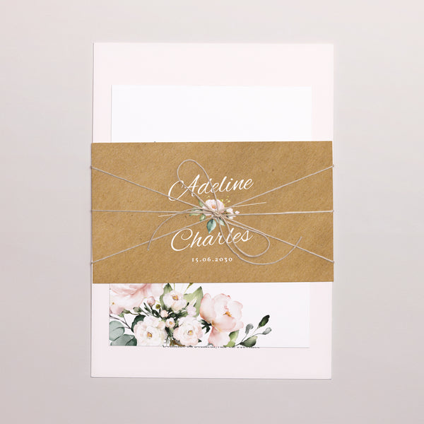 Faire-part Mariage 3 cartes, ruban Romantique Kraft photo