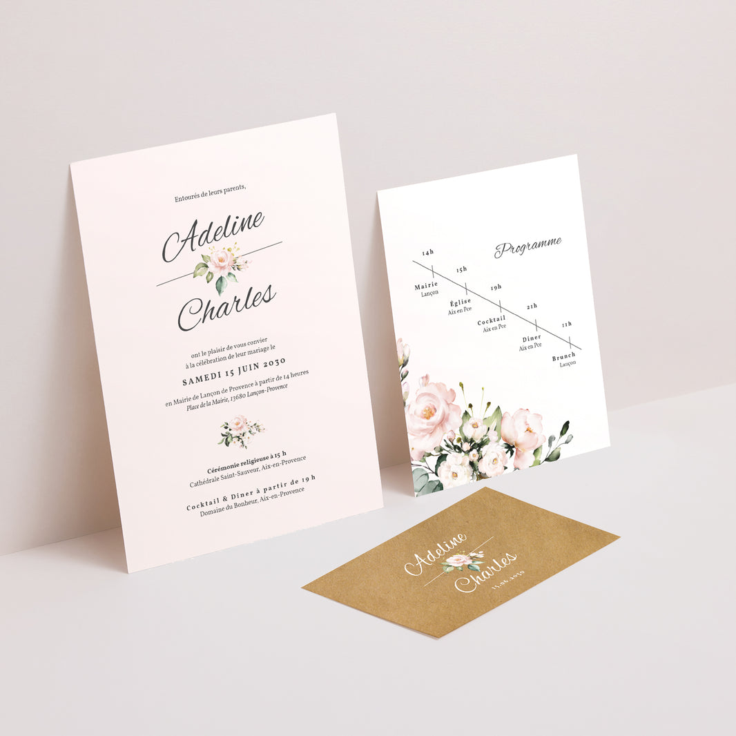 Faire-part Mariage 3 cartes, ruban Romantique Kraft photo N° 2