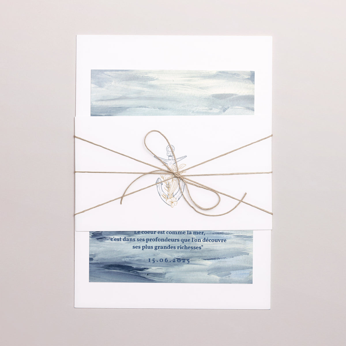 Faire-part Mariage 3 cartes, ruban Côté Mer photo