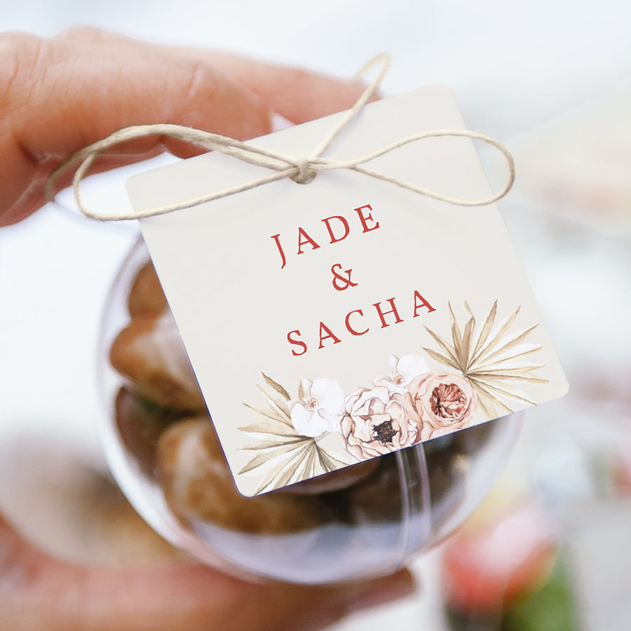 Boîte à dragées Mariage boule avec étiquette carrée Carré Bohème photo