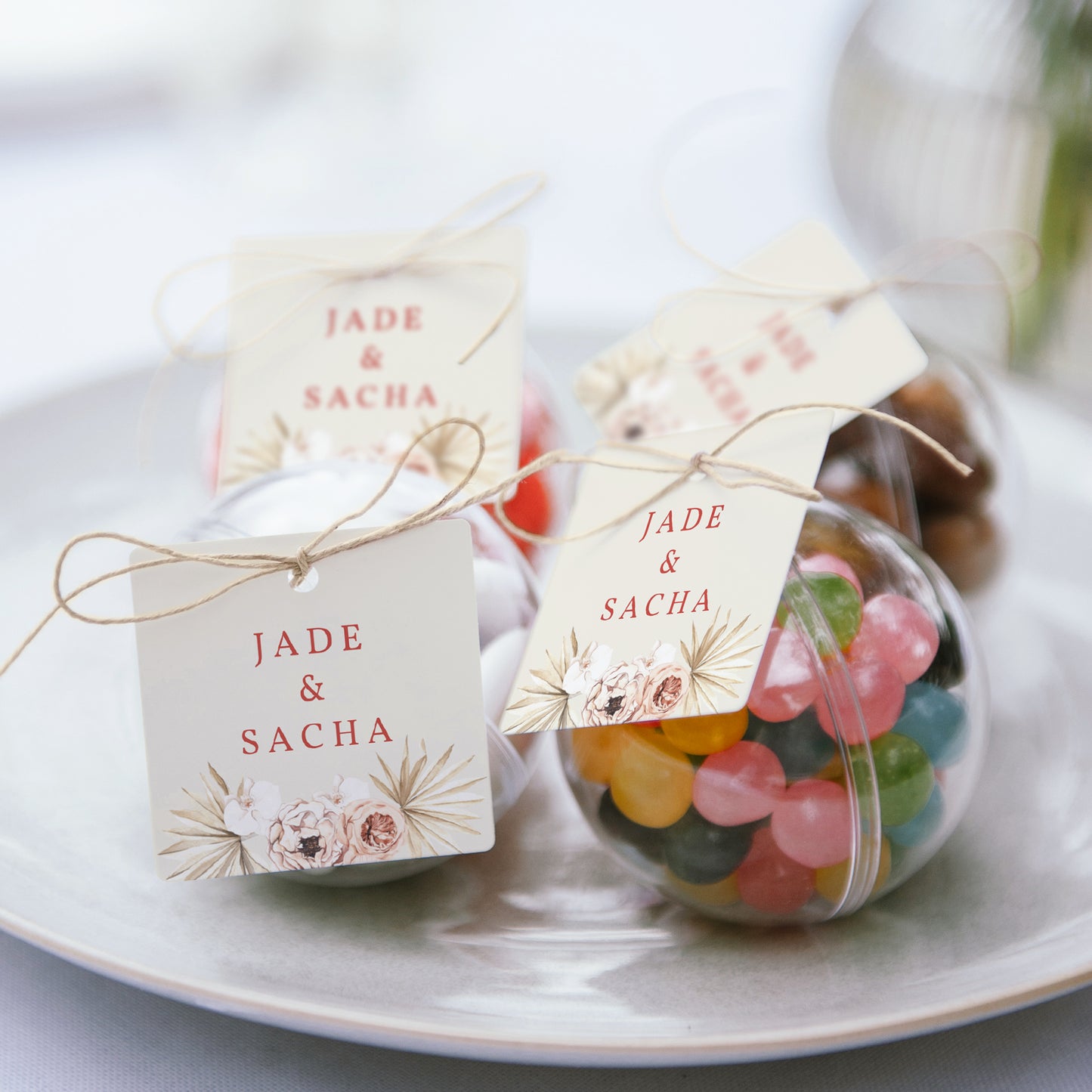 Boîte à dragées Mariage boule avec étiquette carrée Carré Bohème photo N° 2