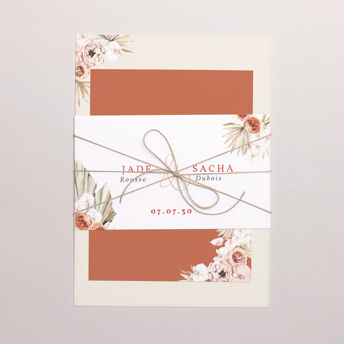 Faire-part Mariage 3 cartes, ruban Carré Bohème photo
