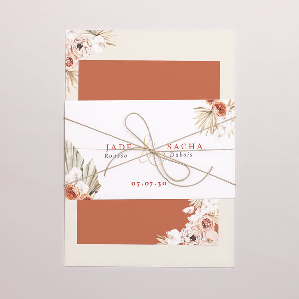 Faire-part Mariage 3 cartes, ruban Carré Bohème photo