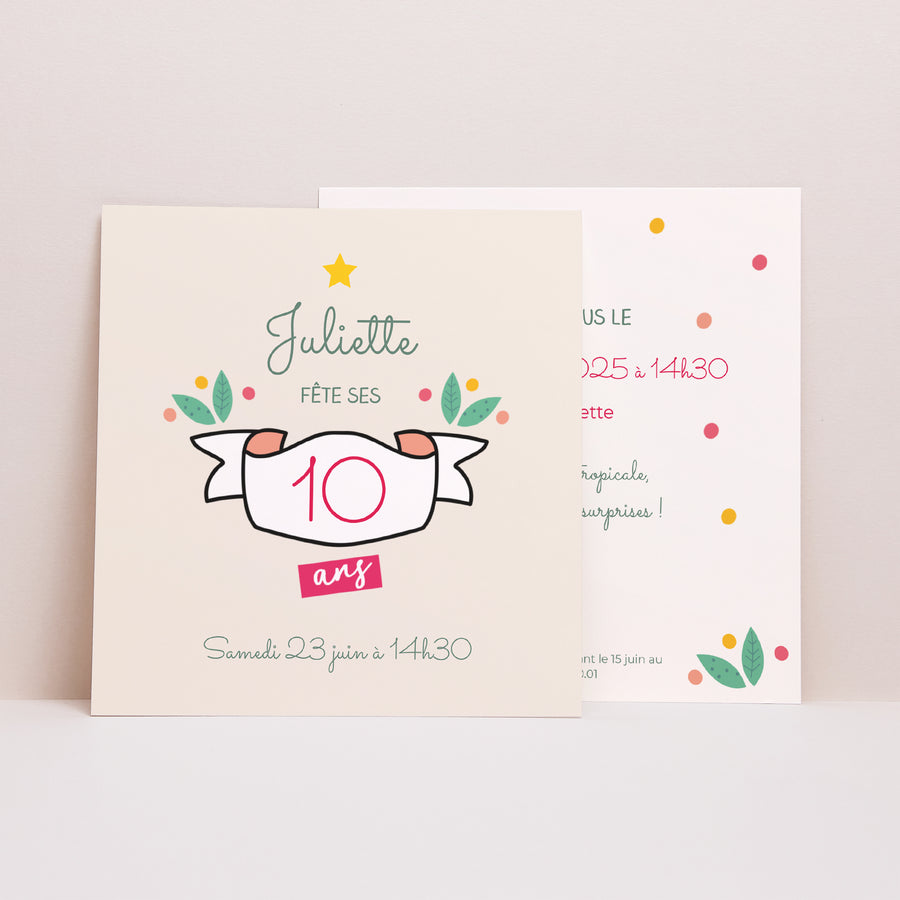 Invitations Anniversaire Enfant Carré Bandeau fleuri photo