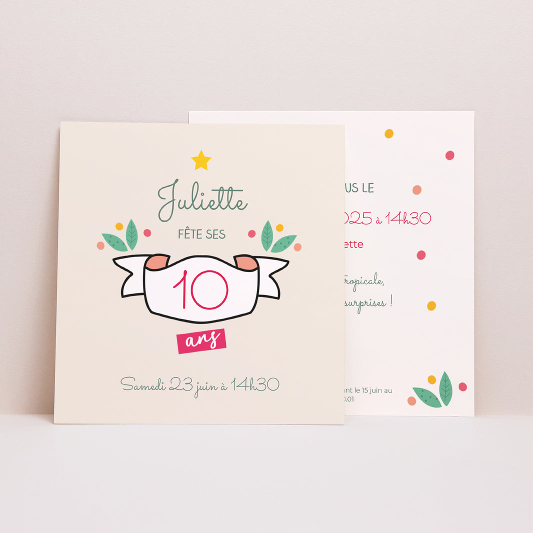 Invitations Anniversaire Enfant Carré Bandeau fleuri photo N° 1