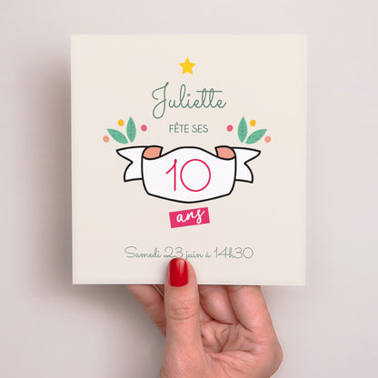 Invitations Anniversaire Enfant Carré Bandeau fleuri photo N° 2