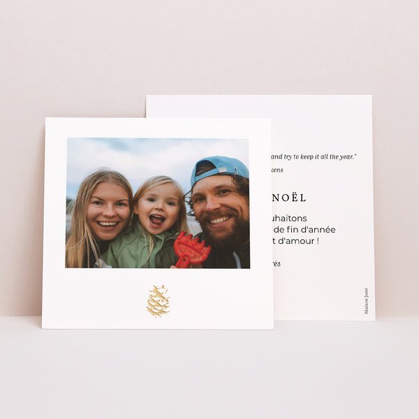 Carte de Noel Fin d'année Carré Pomme de Pin doré photo