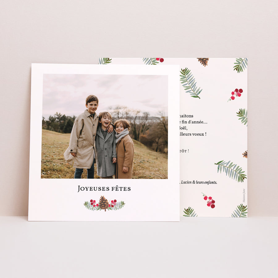 Carte de Noel Fin d'année Carré Photo rétro pomme de pin photo