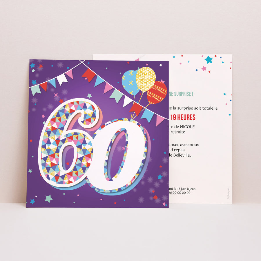 Invitations Anniversaire Adulte Carré 60 ans, Cirque, Vernis photo