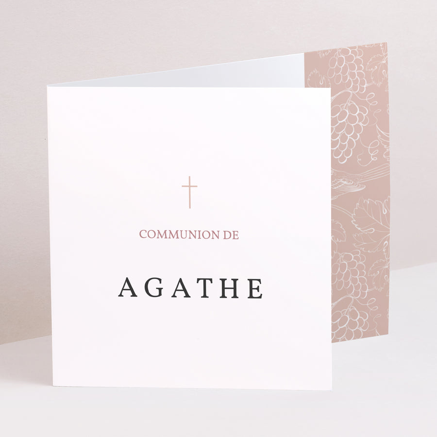 Faire-part Communion Double volet asymétrique Oiseau rose et vigne photo
