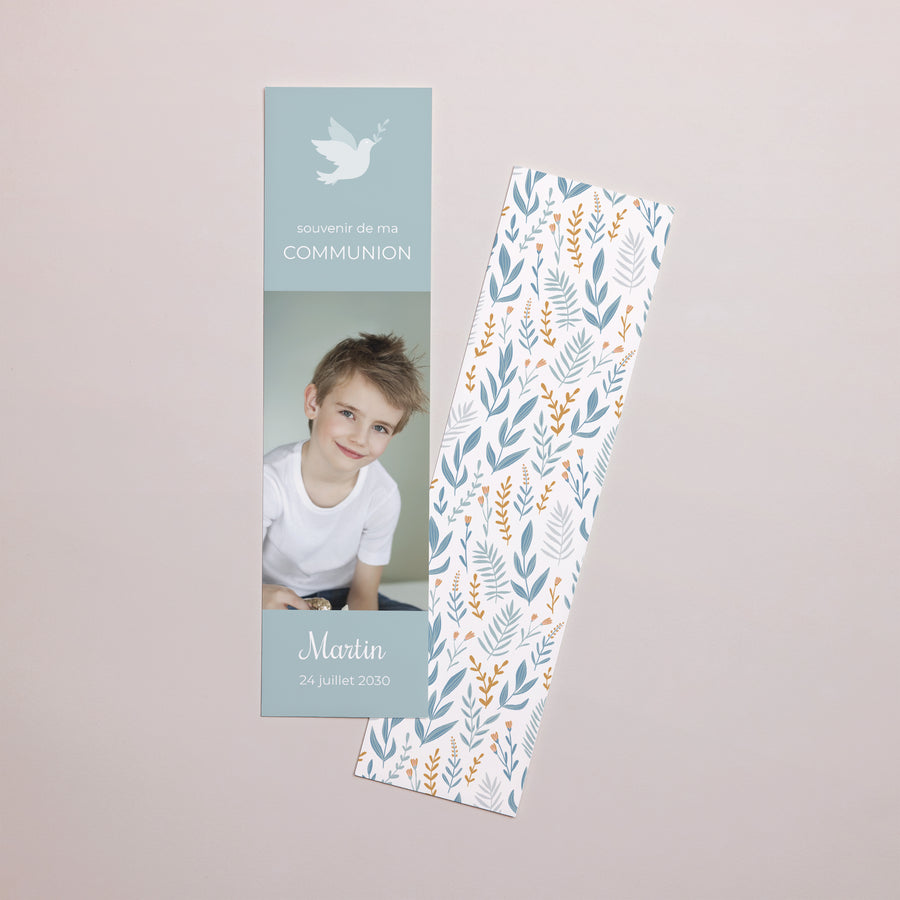 Marque-page Communion Marque-page Colombe et Fleurs bleues photo
