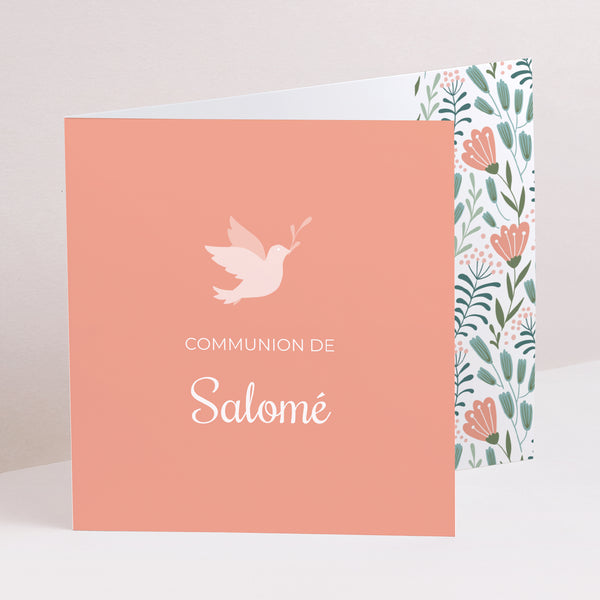 Faire-part Communion Double volet asymétrique Colombe et Fleurs, rose photo