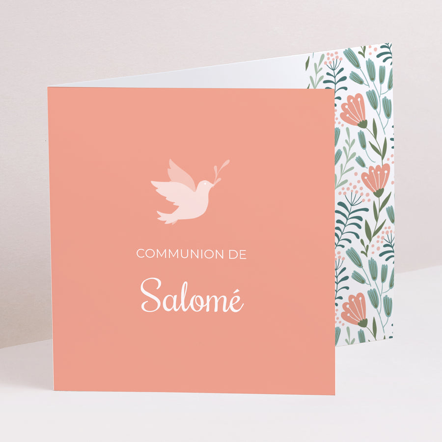 Faire-part Communion Double volet asymétrique Colombe et Fleurs, rose photo