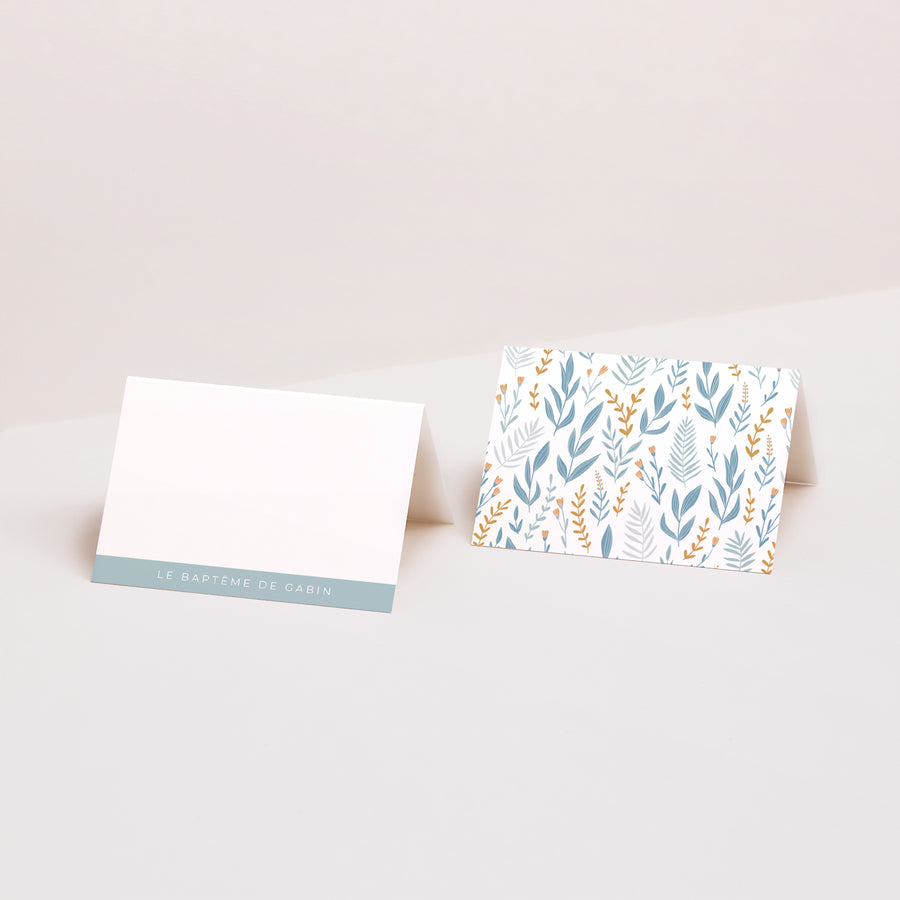 Marque-place Baptême 2 volets Colombe, bandeau floral, bleu photo