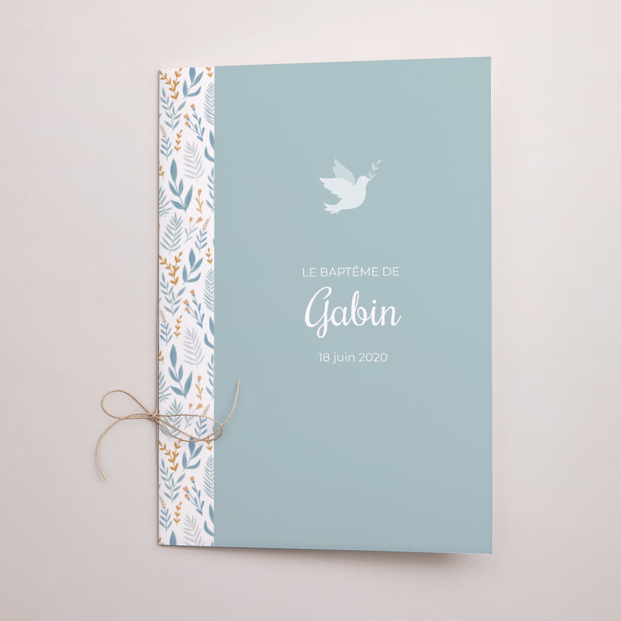 Livret de messe Baptême Double volet Colombe, bandeau floral, bleu photo